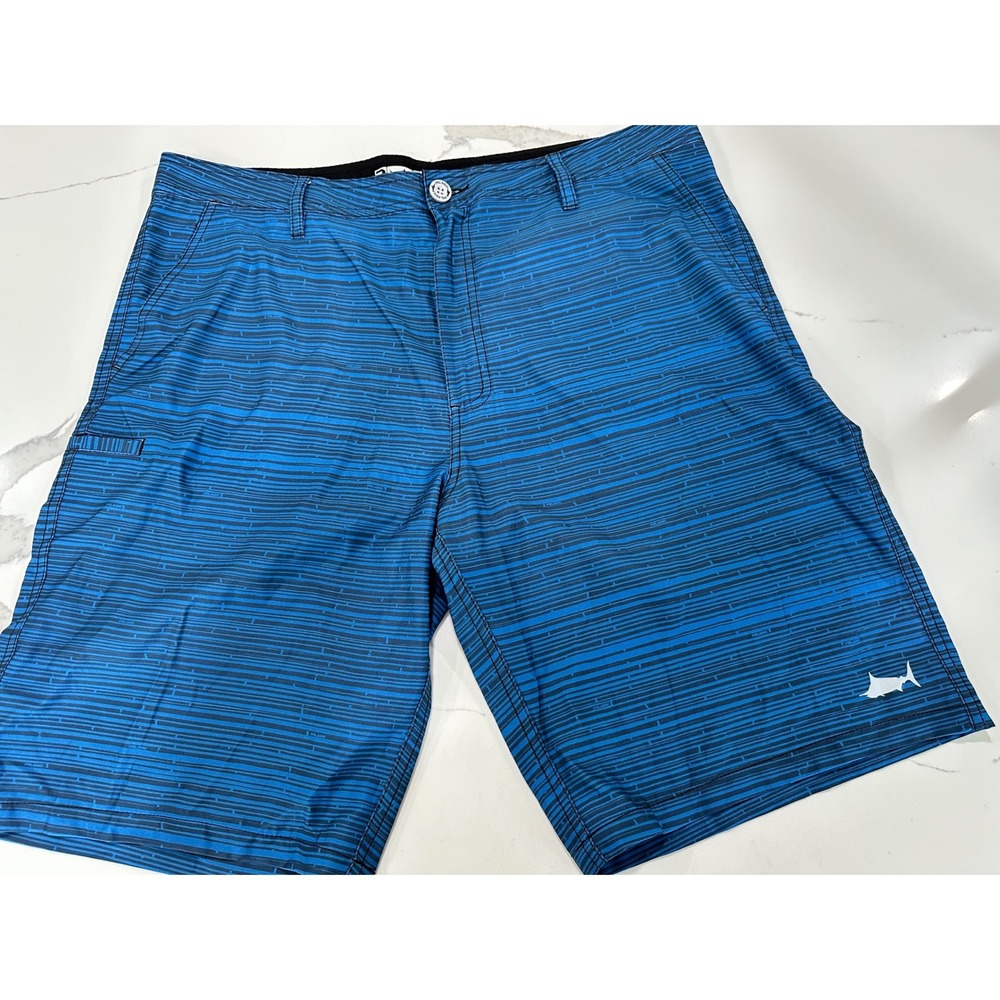Pelagic Evolve 4-Way Stretch Hybrid Shorts Mens 38 Blue Stripe Fish Boardshorts